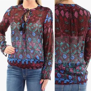 Lucky Brand long sleeve colorful sheer silky blouse tassel boho festival fairy S